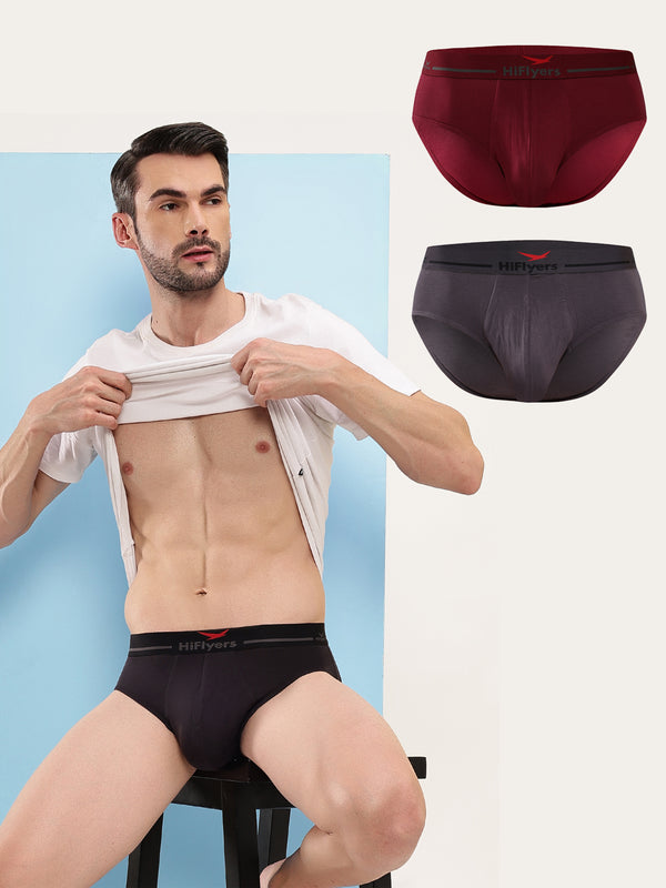 HiFlyers Men'S Silky Soft Odour Free Fabric For Luxurious All-Day Wear Dark Knight Collection Solid Micro Modal Brief Pack Of 3 Black-Grey-Maroon