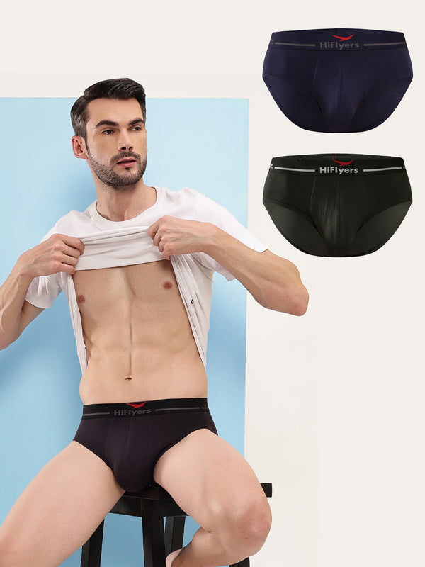 HiFlyers Men'S Silky Soft Odour Free Fabric For Luxurious All-Day Wear Dark Knight Collection Solid Micro Modal Brief Pack Of 3 Black-Navy-Olive