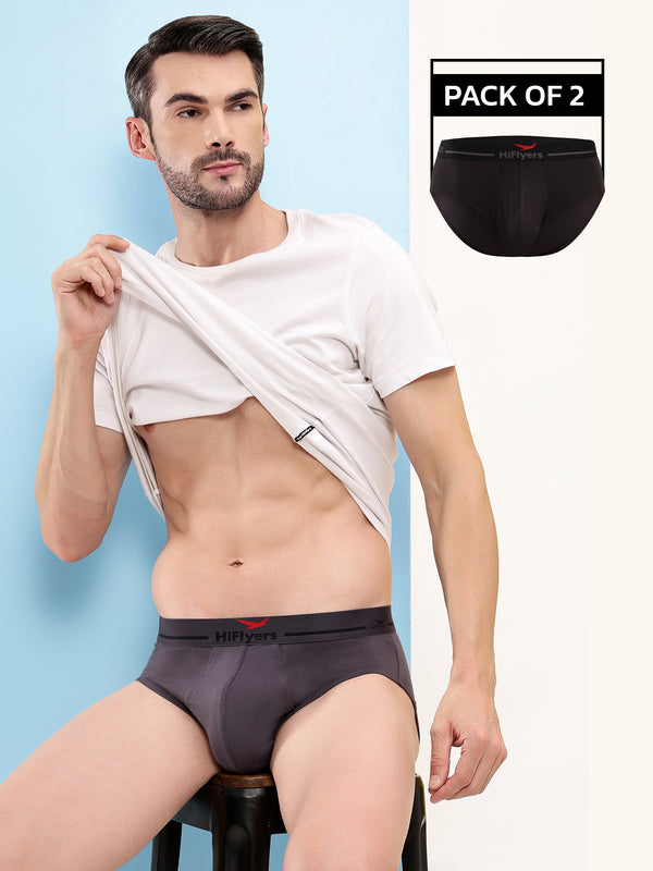 HiFlyers Men'S Silky Soft Odour Free Fabric For Luxurious All-Day Wear Dark Knight Collection Solid Micro Modal Brief Pack Of 2 Black-Grey