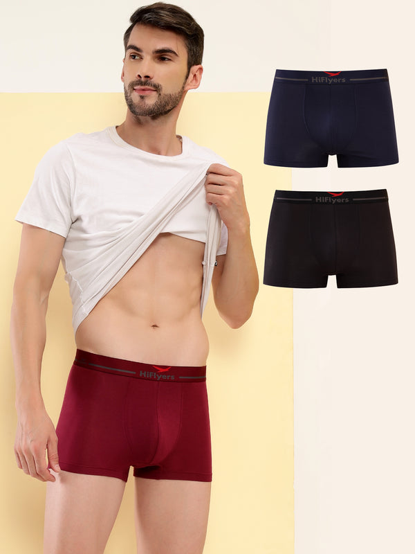 HiFlyers Men'S Silky Soft Odour Free Fabric For Luxurious All-Day Wear Dark Knight Collection Solid Micro Modal Trunk Pack Of 3 Black-Maroon-Navy