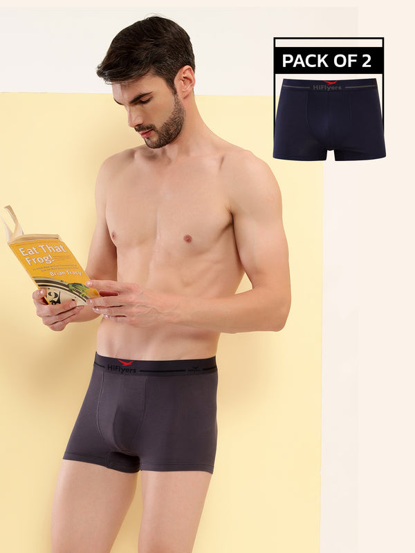 HiFlyers Men'S Silky Soft Odour Free Fabric For Luxurious All-Day Wear Dark Knight Collection Solid Micro Modal Trunk Pack Of 2 Grey-Navy