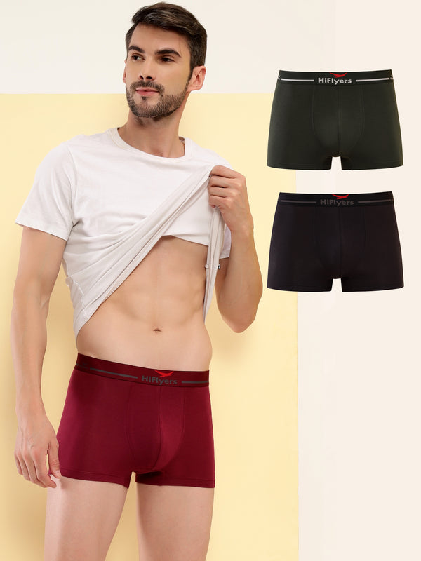 HiFlyers Men'S Silky Soft Odour Free Fabric For Luxurious All-Day Wear Dark Knight Collection Solid Micro Modal Trunk Pack Of 3 Black-Maroon-Olive