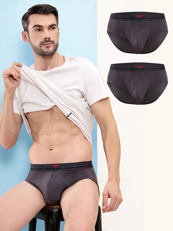 HiFlyers Men'S Silky Soft Odour Free Fabric For Luxurious All-Day Wear Dark Knight Collection Solid Micro Modal Brief Pack Of 3 Grey