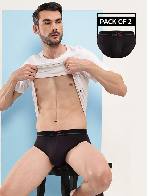 HiFlyers Men'S Silky Soft Odour Free Fabric For Luxurious All-Day Wear Dark Knight Collection Solid Micro Modal Brief Pack Of 2 Black