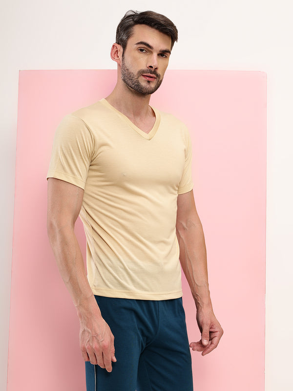 T.T. Men Slim Fit Poly Jersey V-Neck Half Sleeve T-Shirt Skin