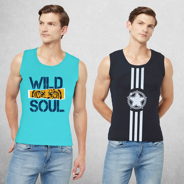 T.T. Men Cool Cotton Printed Regular Fit Round Neck Muscle Tees Pack Of 2 Blue-Navy