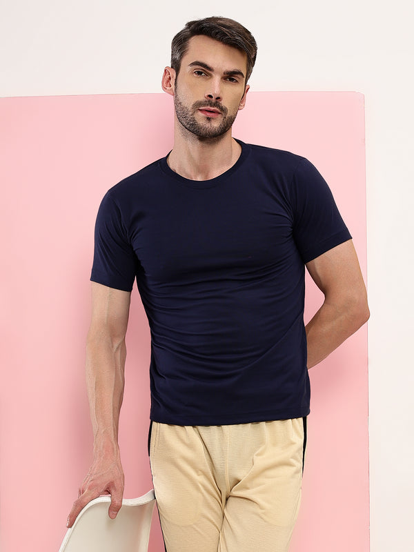 T.T. Men Slim Fit Poly Jersey Round Neck Half Sleeve T-Shirt Pack Of 3 Anthra-Navy-Royal Blue