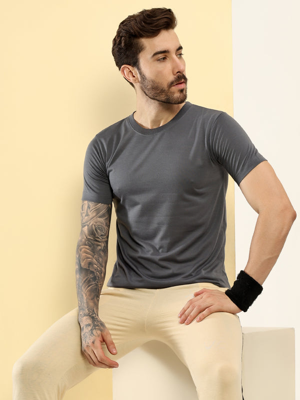 T.T. Men Slim Fit Poly Jersey Round Neck Half Sleeve T-Shirt Pack Of 3 Anthra-Black-Royal Blue