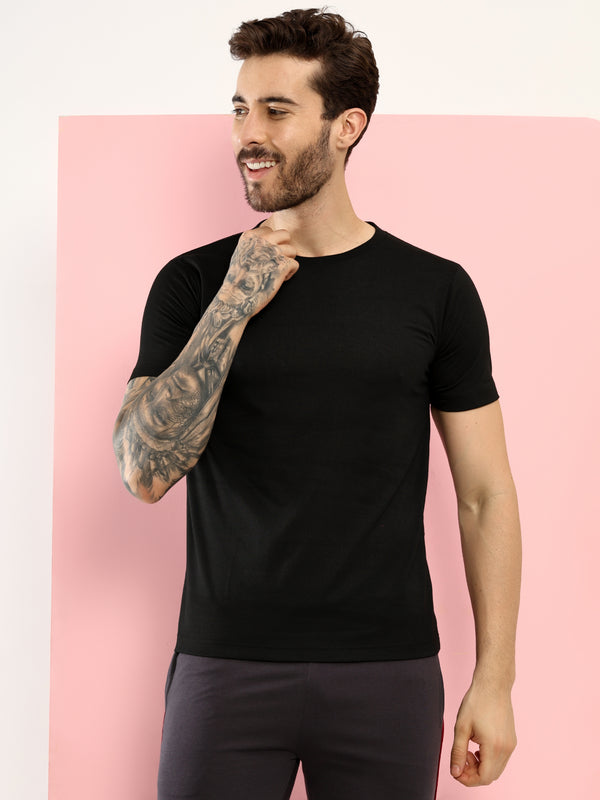 T.T. Men Slim Fit Poly Jersey Round Neck Half Sleeve T-Shirt Pack Of 3 Anthra-Black-Navy