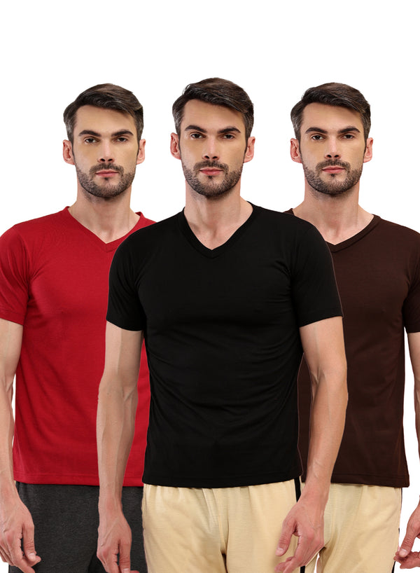 T.T. Men Slim Fit Poly Jersey V-Neck Half Sleeve T-Shirt Pack Of 3 Anthra-Black-Maroon