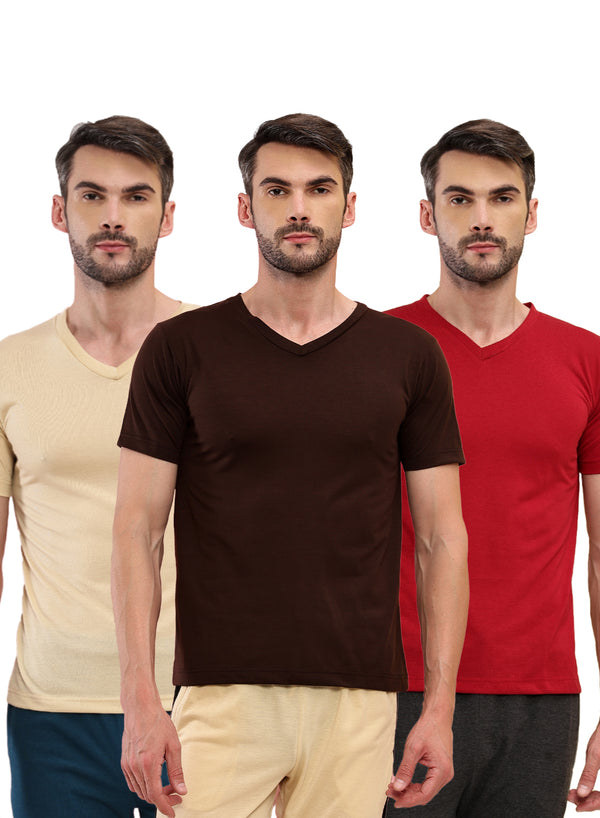 T.T. Men Slim Fit Poly Jersey V-Neck Half Sleeve T-Shirt Pack Of 3 Brown-Maroon-Skin