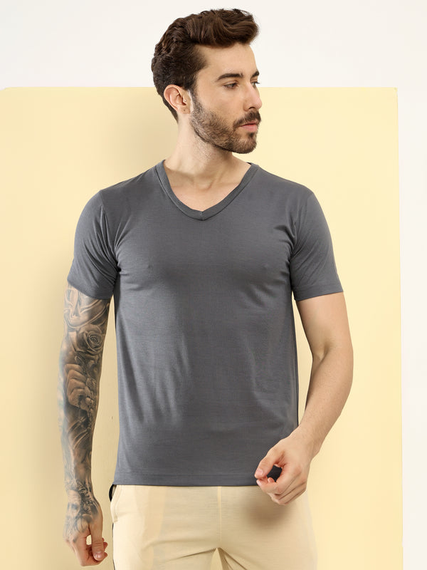 T.T. Men Slim Fit Poly Jersey V-Neck Half Sleeve T-Shirt Pack Of 3 Anthra-Black-Skin