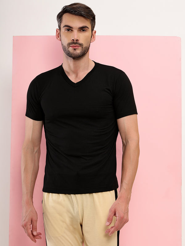 T.T. Men Slim Fit Poly Jersey V-Neck Half Sleeve T-Shirt Pack Of 3 Anthra-Black-Skin