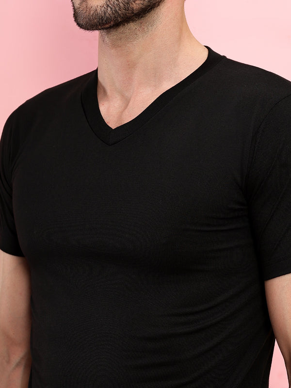 T.T. Men Slim Fit Poly Jersey V-Neck Half Sleeve T-Shirt Pack Of 3 Anthra-Black-Skin