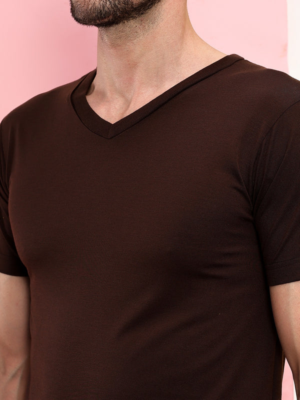 T.T. Men Slim Fit Poly Jersey V-Neck Half Sleeve T-Shirt Pack Of 2 Anthra-Brown