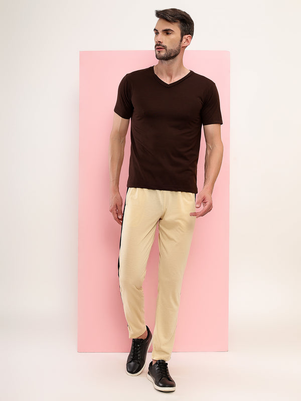 T.T. Men Slim Fit Poly Jersey V-Neck Half Sleeve T-Shirt Pack Of 2 Anthra-Brown