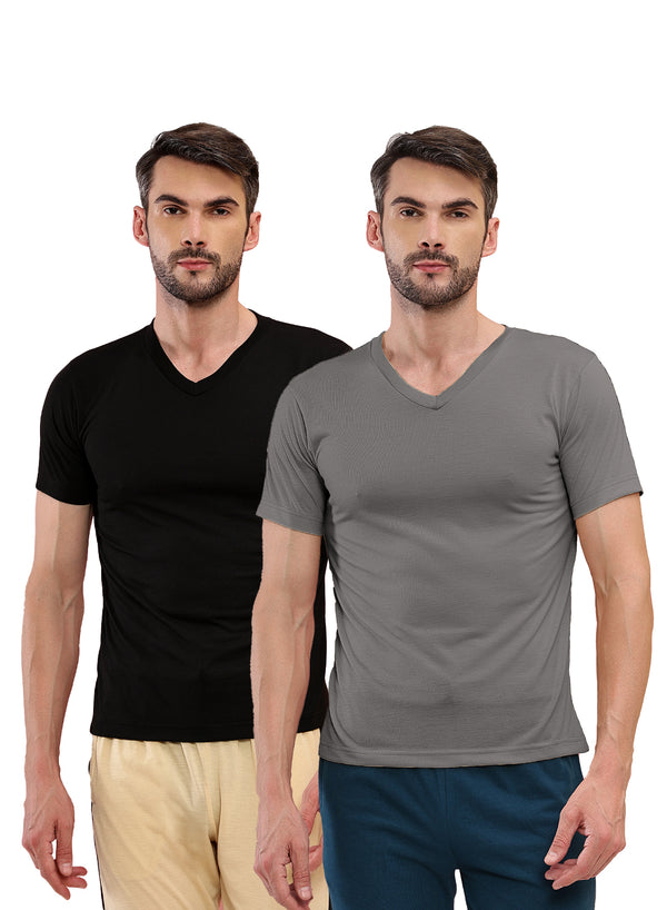 T.T. Men Slim Fit Poly Jersey V-Neck Half Sleeve T-Shirt Pack Of 2 Anthra-Black