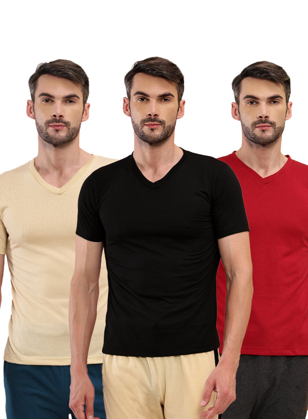 T.T. Men Slim Fit Poly Jersey V-Neck Half Sleeve T-Shirt Pack Of 3 Black-Maroon-Skin