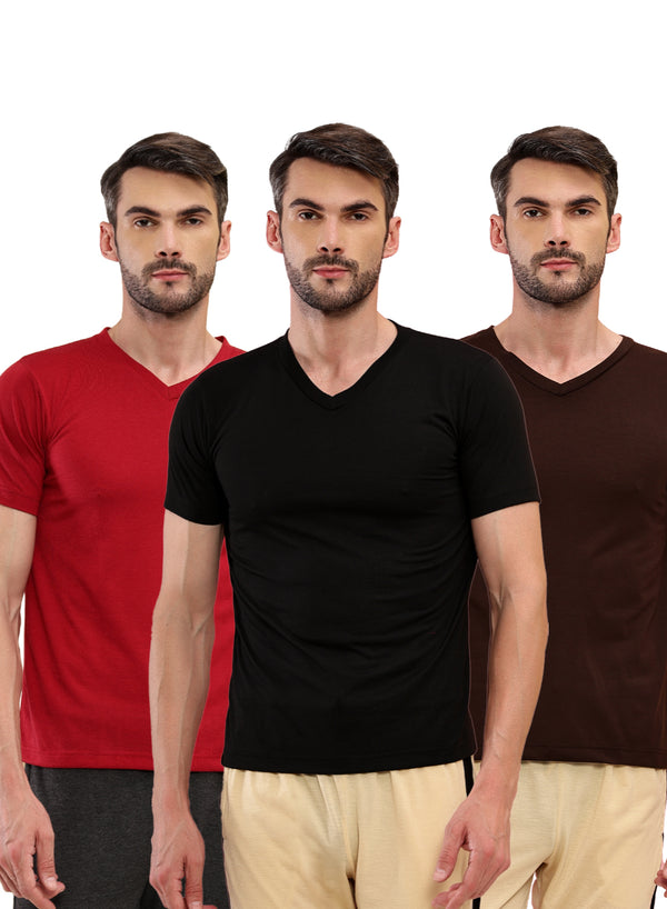 T.T. Men Slim Fit Poly Jersey V-Neck Half Sleeve T-Shirt Pack Of 3 Black-Brown-Maroon
