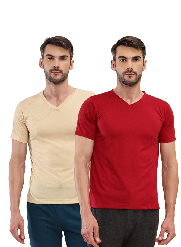 T.T. Men Slim Fit Poly Jersey V-Neck Half Sleeve T-Shirt Pack Of 2 Skin-Maroon