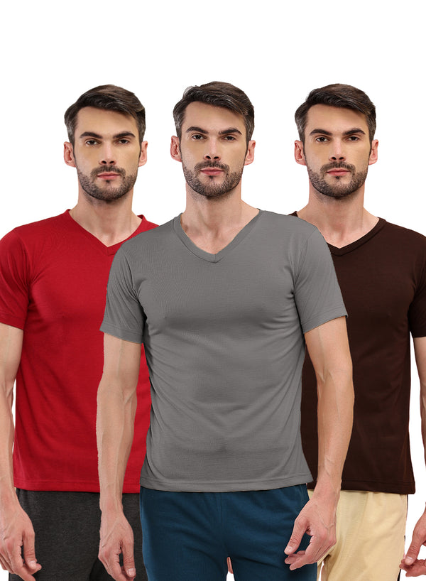 T.T. Men Slim Fit Poly Jersey V-Neck Half Sleeve T-Shirt Pack Of 3 Anthra-Brown-Maroon