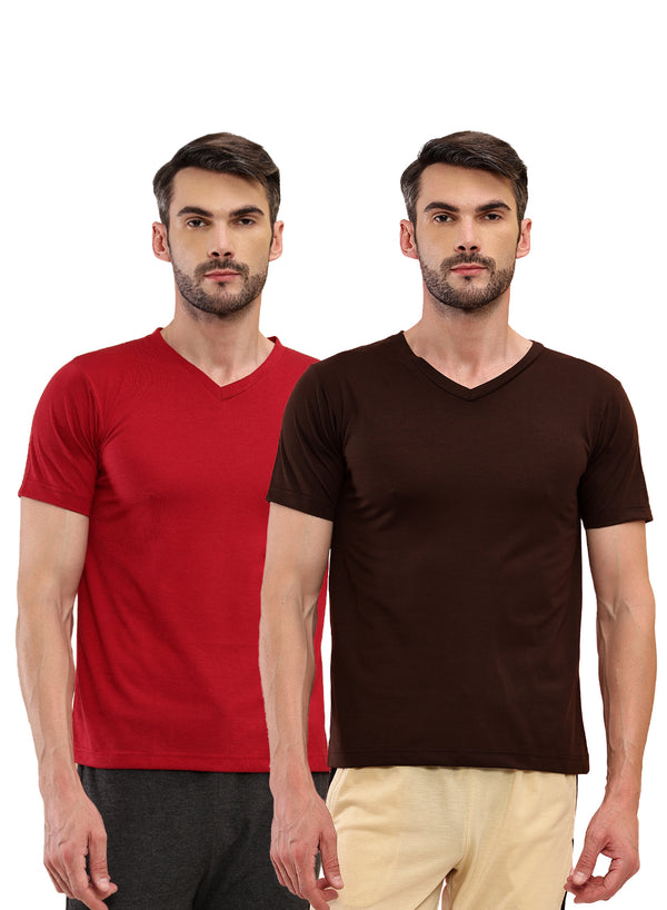 T.T. Men Slim Fit Poly Jersey V-Neck Half Sleeve T-Shirt Pack Of 2 Brown-Maroon