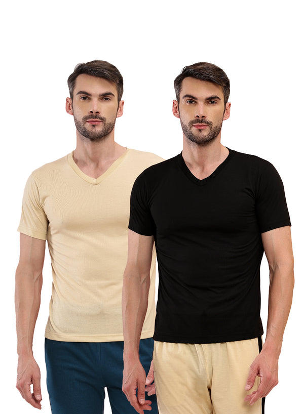 T.T. Men Slim Fit Poly Jersey V-Neck Half Sleeve T-Shirt Pack Of 2 Black-Skin