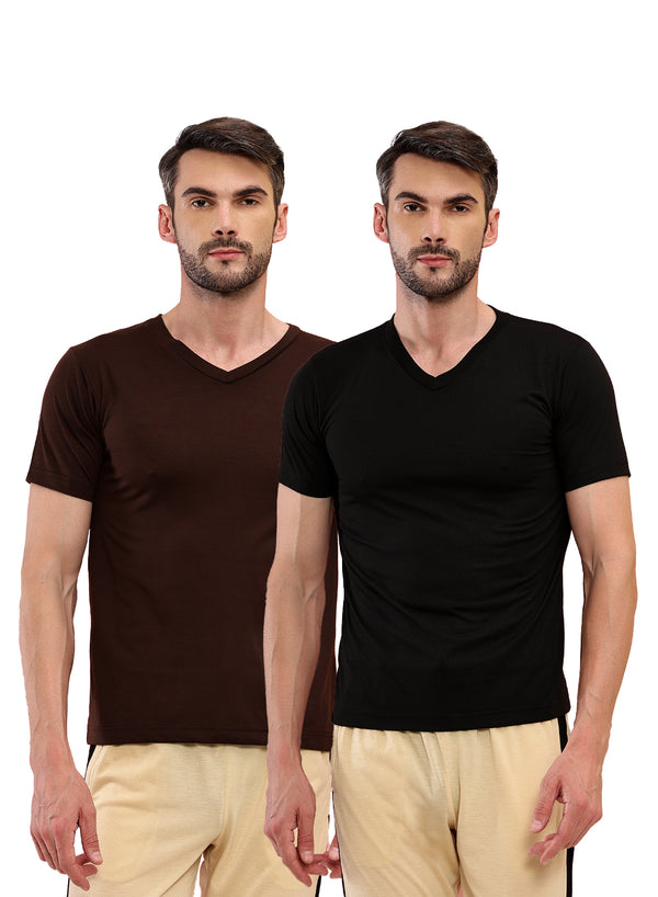 T.T. Men Slim Fit Poly Jersey V-Neck Half Sleeve T-Shirt Pack Of 2 Black-Brown