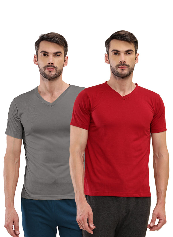 T.T. Men Slim Fit Poly Jersey V-Neck Half Sleeve T-Shirt Pack Of 2 Anthra-Maroon