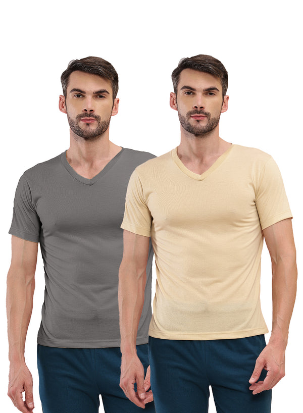 T.T. Men Slim Fit Poly Jersey V-Neck Half Sleeve T-Shirt Pack Of 2 Anthra-Skin