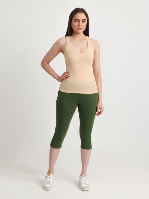 T.T. Women Regular Fit Poly Jersey Solid Capri Pack Of 3-Olive-Pink-Turquoise
