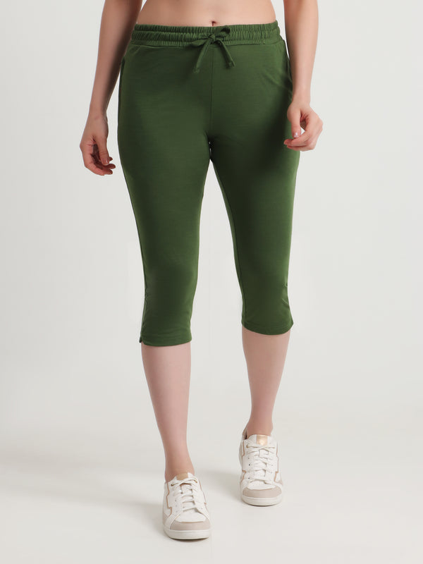 T.T. Women Regular Fit Poly Jersey Solid Capri Pack Of 3-Black-Olive-Turquoise