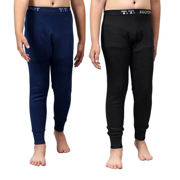 T.T. Boys & Girls |Slim Fit| Cotton Fleece |Top Elastic|Trendy Winter Wear|Dyed Thermal Trouser Pack Of 2-Black-Blue