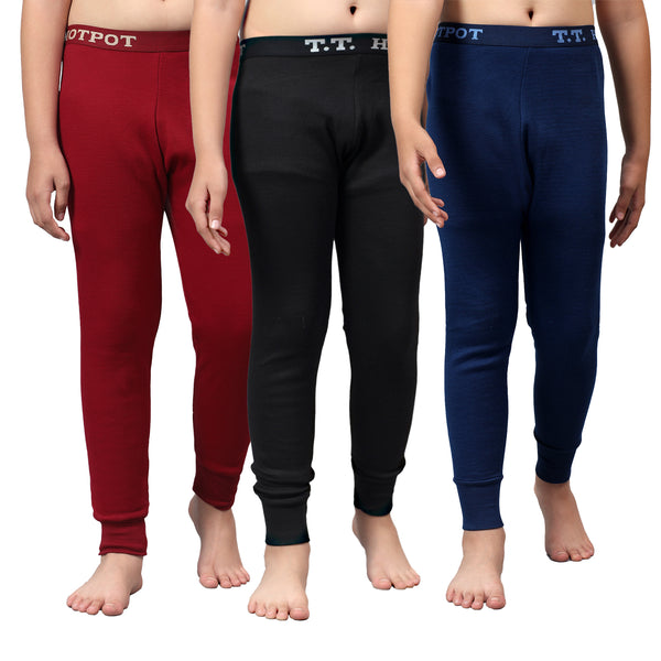 T.T. Boys & Girls |Slim Fit| Cotton Fleece |Top Elastic|Trendy Winter Wear|Dyed Thermal Trouser Pack Of 3-Red-Blue-Black
