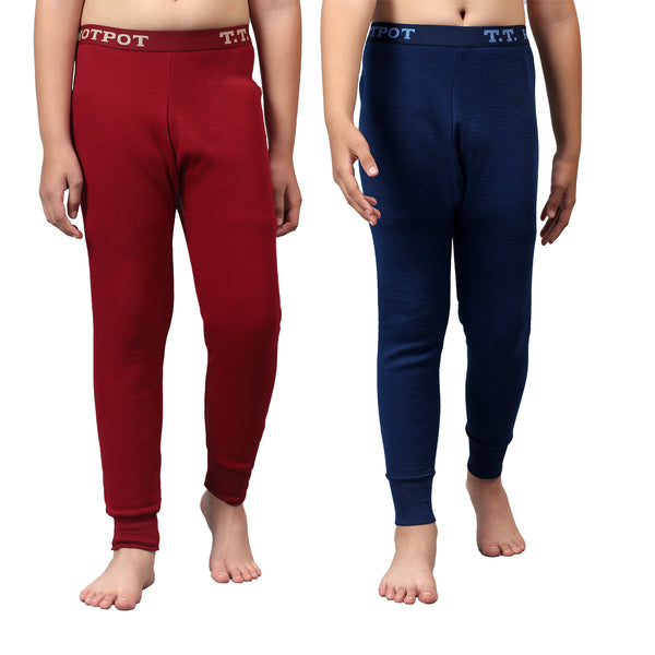 T.T. Boys & Girls |Slim Fit| Cotton Fleece |Top Elastic|Trendy Winter Wear|Dyed Thermal Trouser Pack Of 2-Blue-Red
