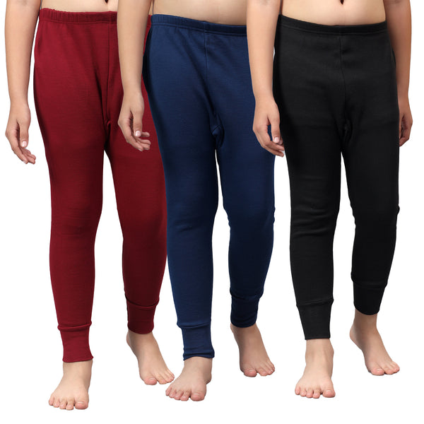 T.T. Boys & Girls |Slim Fit| Cotton Fleece |Inner Elastic|Trendy Winter Wear|Dyed Thermal Trouser Pack Of 3-Red-Blue-Black