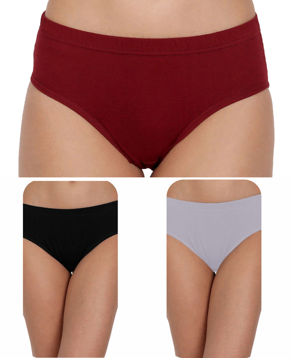 T.T. Women, Cotton Spandex,Mid-Rise, Full Coverage Briefs For Daily Wear, Soft Breathable Comfort Panty, Pack Of 3, Maroon-Black-Lpurple