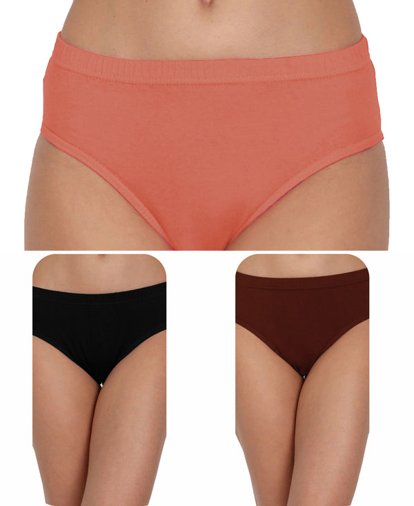 T.T. Women, Cotton Spandex,Mid-Rise, Full Coverage Briefs For Daily Wear, Soft Breathable Comfort Panty, Pack Of 3, Black-Brown-Tred