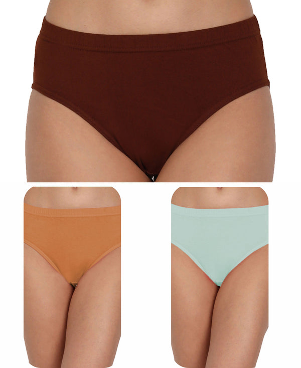 T.T. Women, Cotton Spandex,Mid-Rise, Full Coverage Briefs For Daily Wear, Soft Breathable Comfort Panty, Pack Of 3, Brown-Biscut-Babyblue