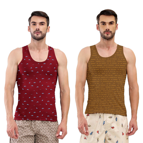 T.T. Men|Titanic Dyed Printed|Pure Cotton Printed Vest For Men|Printed Dyed Vest|Pack Of 2|Red::Brown