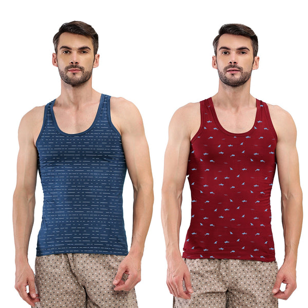 T.T. Men|Titanic Dyed Printed|Pure Cotton Printed Vest For Men|Printed Dyed Vest|Pack Of 2|Navy::Red