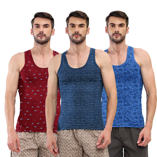 T.T. Men|Titanic Dyed Printed|Cotton Printed Vest For Men|Printed Dyed Vest|Pack Of 3|Red::Navy::Blue