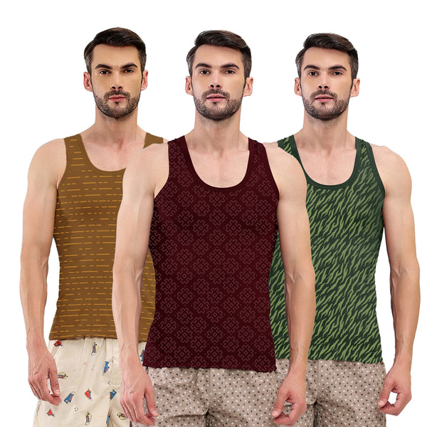 T.T. Men|Titanic Dyed Printed|Cotton Printed Vest For Men|Printed Dyed Vest|Pack Of 3|Maroon::Green::Brown