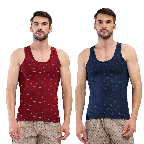 T.T. Men|Titanic Dyed Printed|Pure Cotton Printed Vest For Men|Printed Dyed Vest|Pack Of 2|Navy2::Red