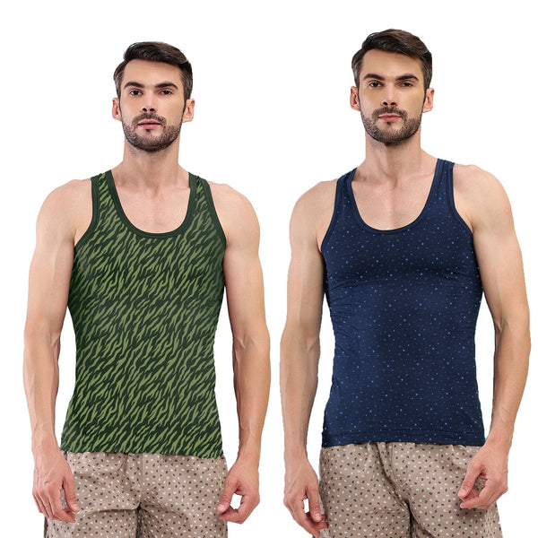 T.T. Men|Titanic Dyed Printed|Pure Cotton Printed Vest For Men|Printed Dyed Vest|Pack Of 2|Navy2::Green