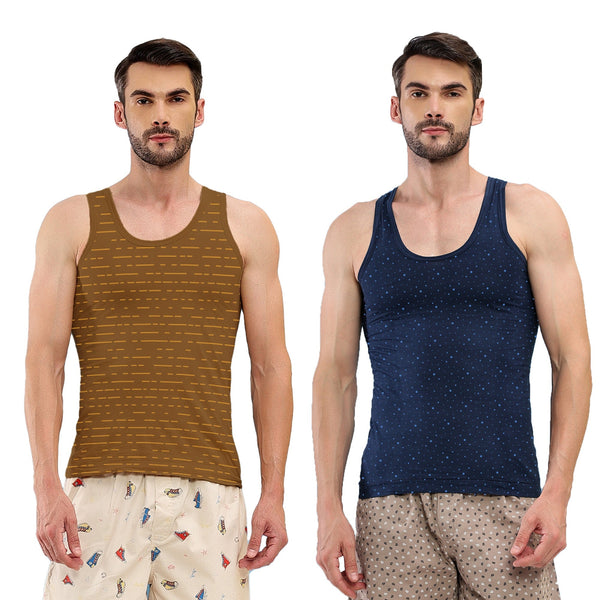 T.T. Men|Titanic Dyed Printed|Pure Cotton Printed Vest For Men|Printed Dyed Vest|Pack Of 2|Navy2::Brown