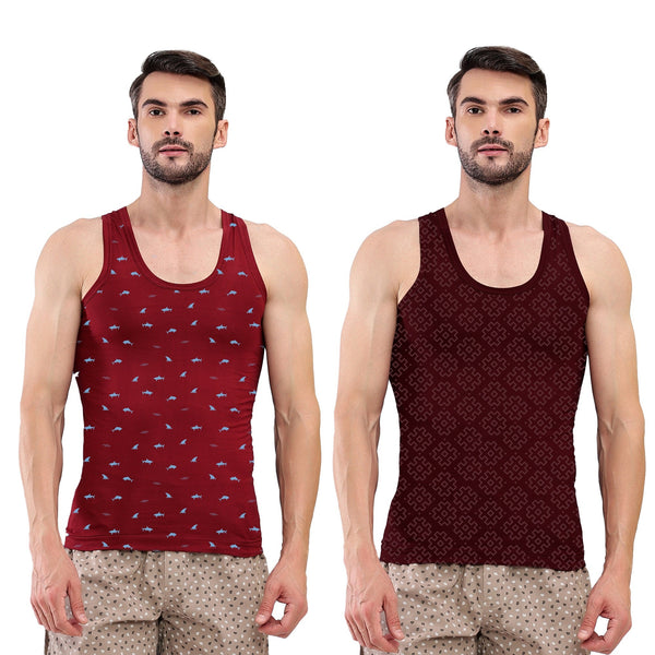 T.T. Men|Titanic Dyed Printed|Pure Cotton Printed Vest For Men|Printed Dyed Vest|Pack Of 2|Maroon::Red