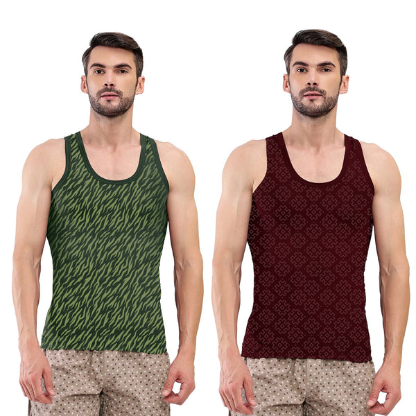 T.T. Men|Titanic Dyed Printed|Pure Cotton Printed Vest For Men|Printed Dyed Vest|Pack Of 2|Maroon::Green