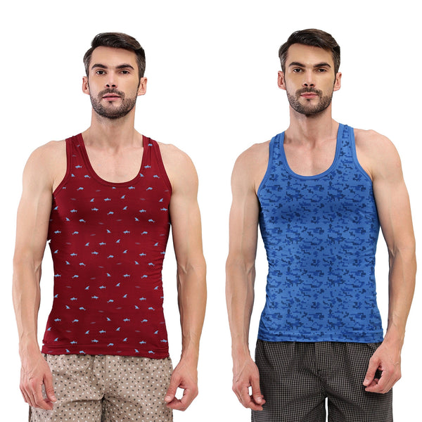 T.T. Men|Titanic Dyed Printed|Pure Cotton Printed Vest For Men|Printed Dyed Vest|Pack Of 2|Blue::Red