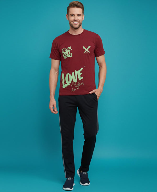 T.T. Men’s Printed Cotton Blend | Graphic Round Neck T-Shirt & Slim Fit Track Pants | Casual Co-ord Set for Men